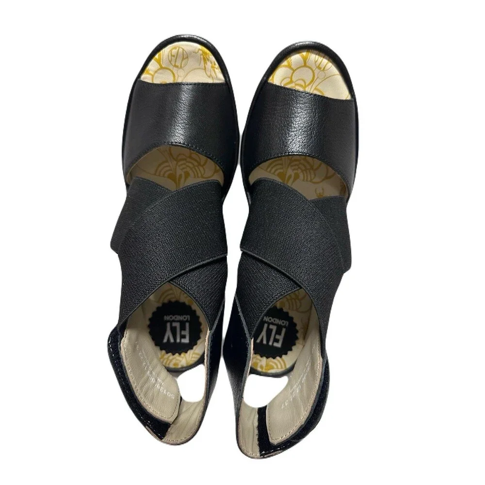 NEW FLY London Womens Size 6.5-7 37 Yuba Black Leather Crossover Wedge Sandals